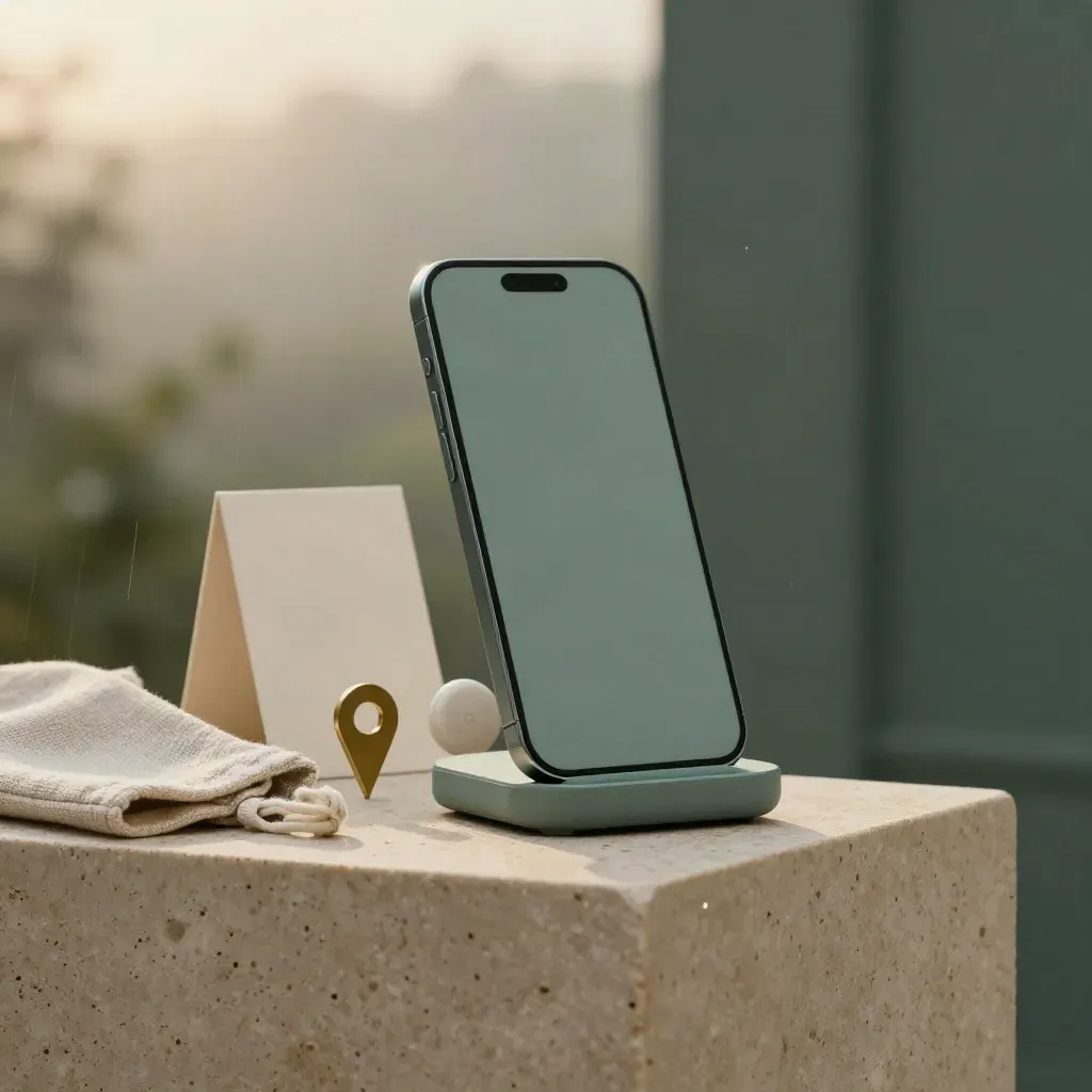 Smartphone profilo su travertino con gettone rating, sacchetto in lino e luce morbida