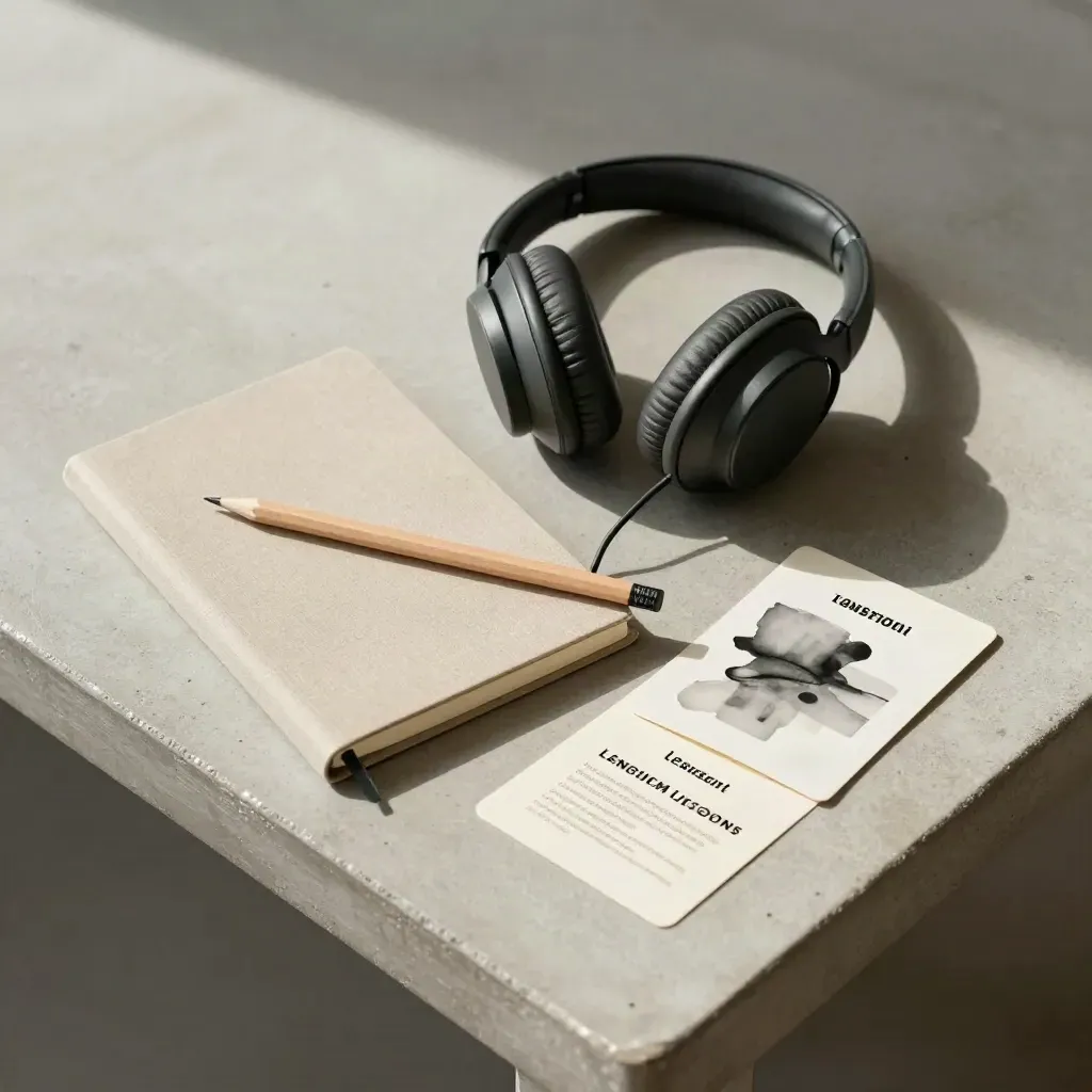 Flatlay di kit per lezioni d’inglese con cuffie, flashcard e quaderno su pietra.
