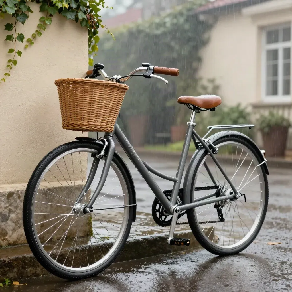 Bici city step-through bagnata dalla pioggia, con cestino e manopole in pelle su strada umida