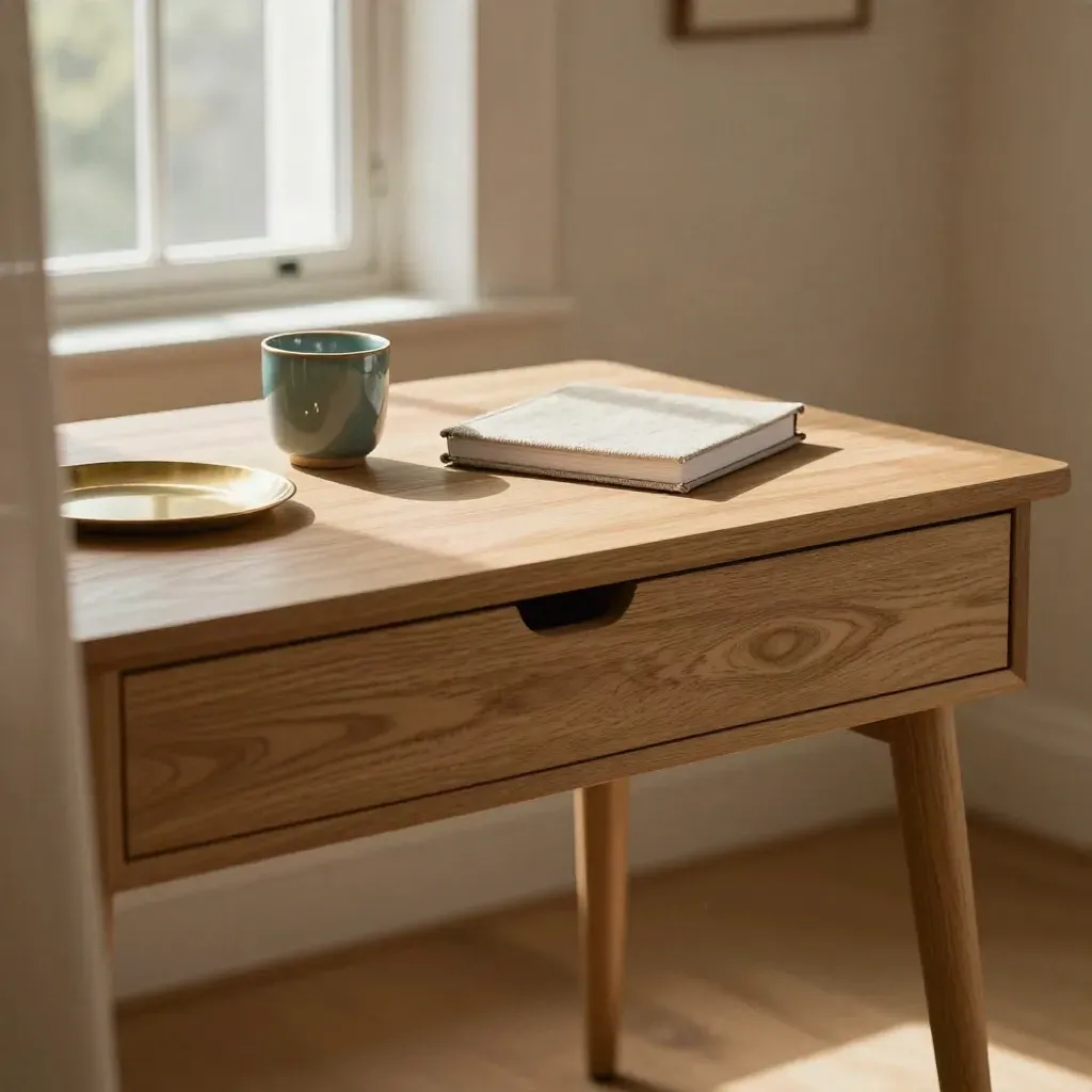 Scrivania in legno chiaro con tazza in ceramica, taccuino in lino e vassoio in ottone.