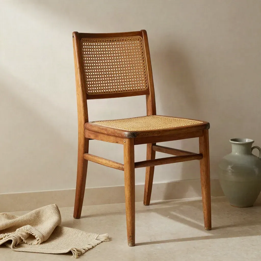Sedia vintage in legno con seduta in paglia intrecciata, accanto a tappeto piegato e vaso in ceramica