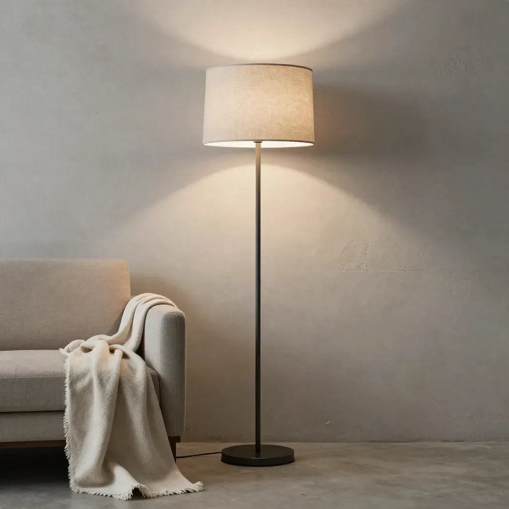 Lampada da terra con poltrona e coperta piegata su cemento, luce morbida.